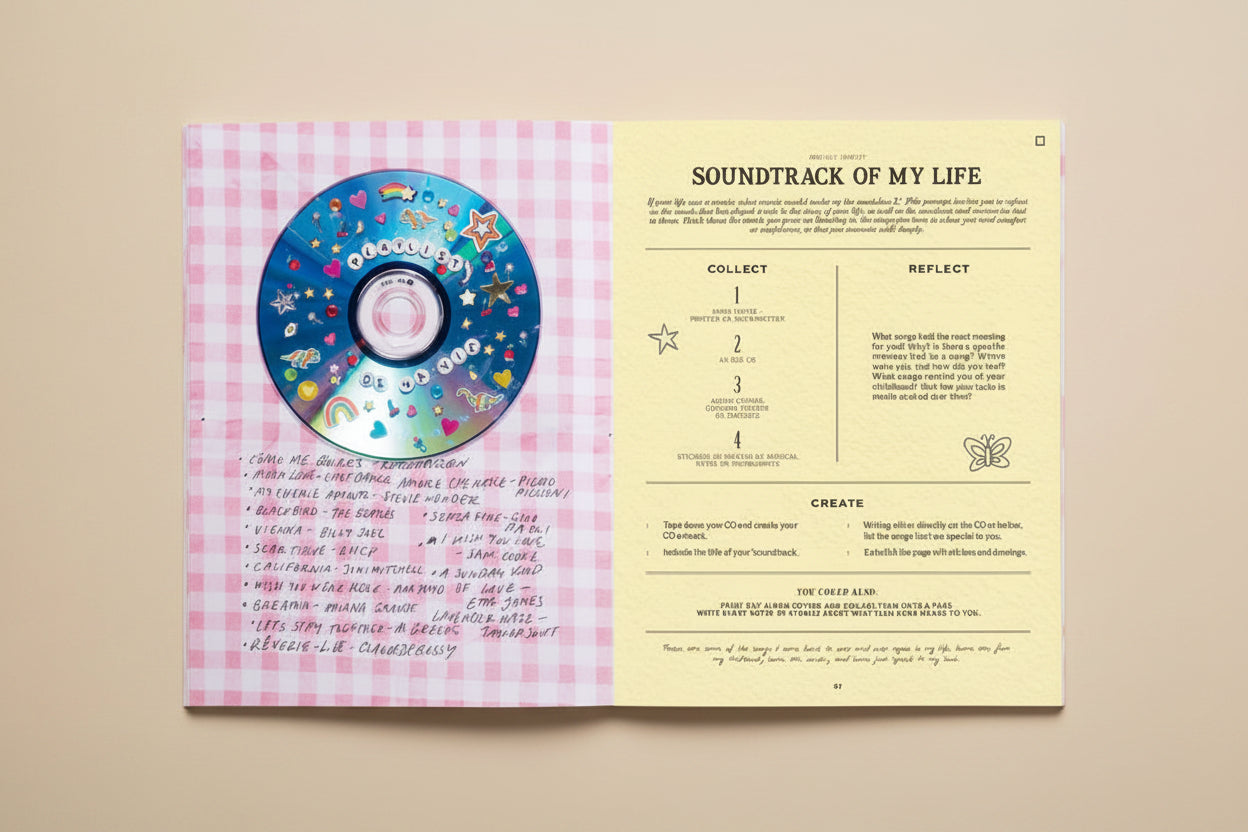 CD with decorative stickers on a pink checkered background with text and instructions.