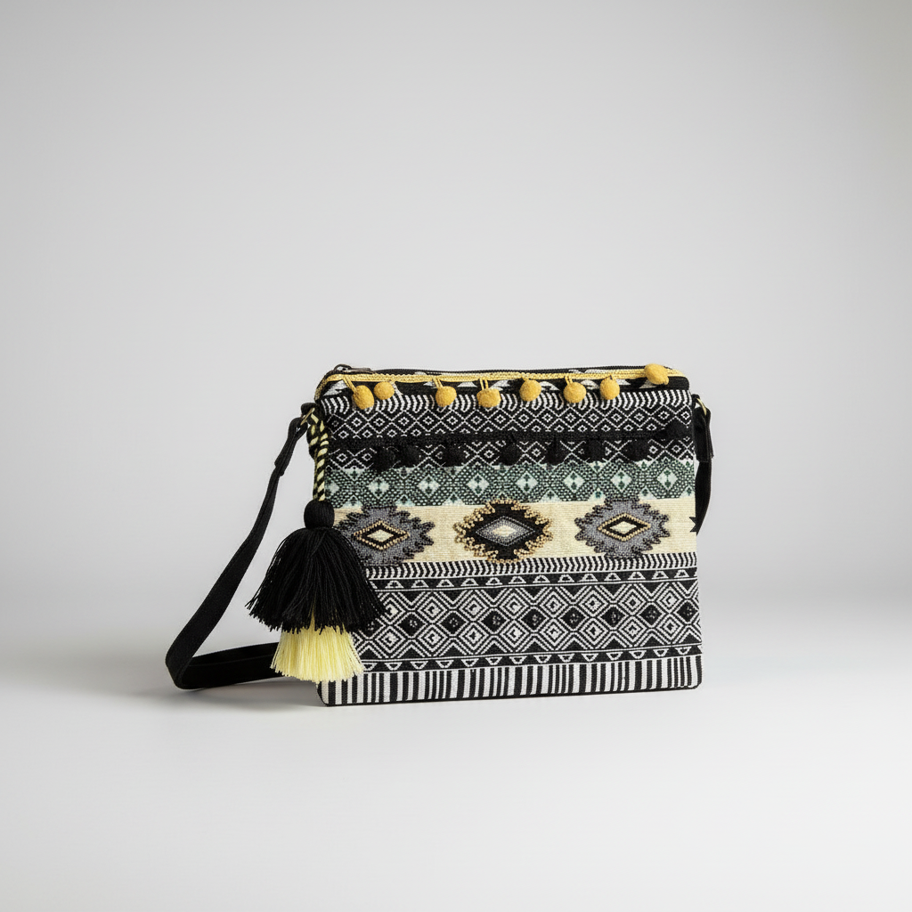 Patterned handbag with tassels on a white background