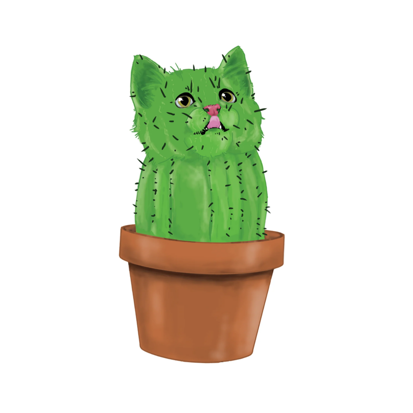 A sticker depicting a green cat with cactus spikles on its body, contained within a brown pot.