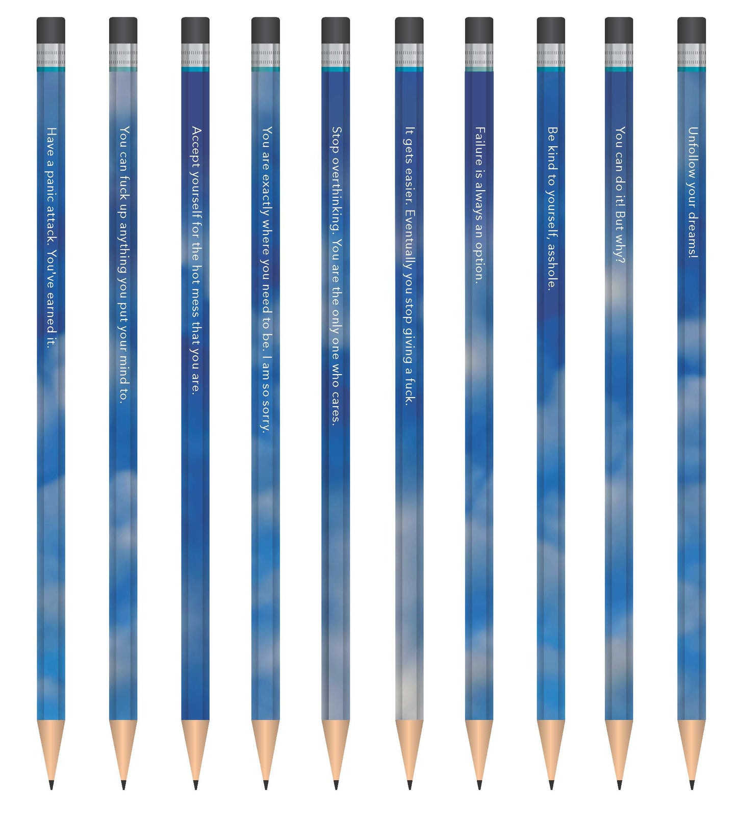 Full set of 10 disappointing affirmation pencils fanned out