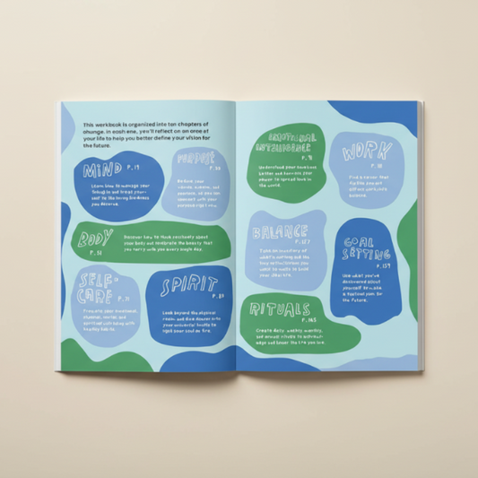 Workbook chapter headings on a blue background