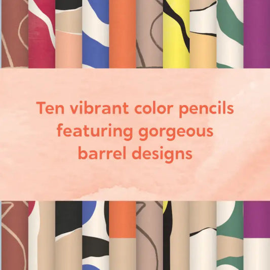 Ten vibrant color pencils with unique barrel designs on a pink background