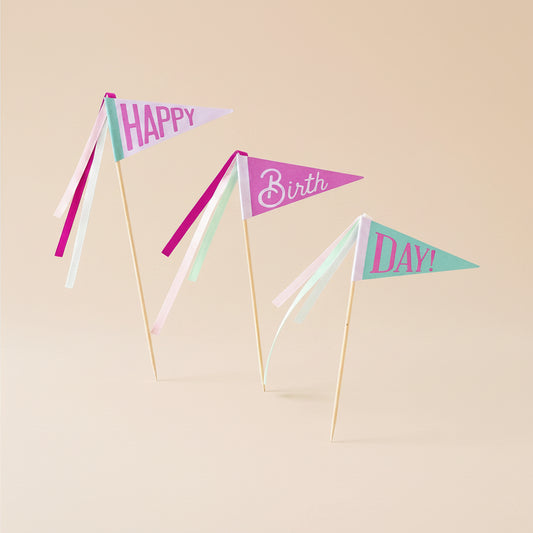 Three birthday-themed pennant flags on sticks with 'Happy Birth Day!' text on a beige background.