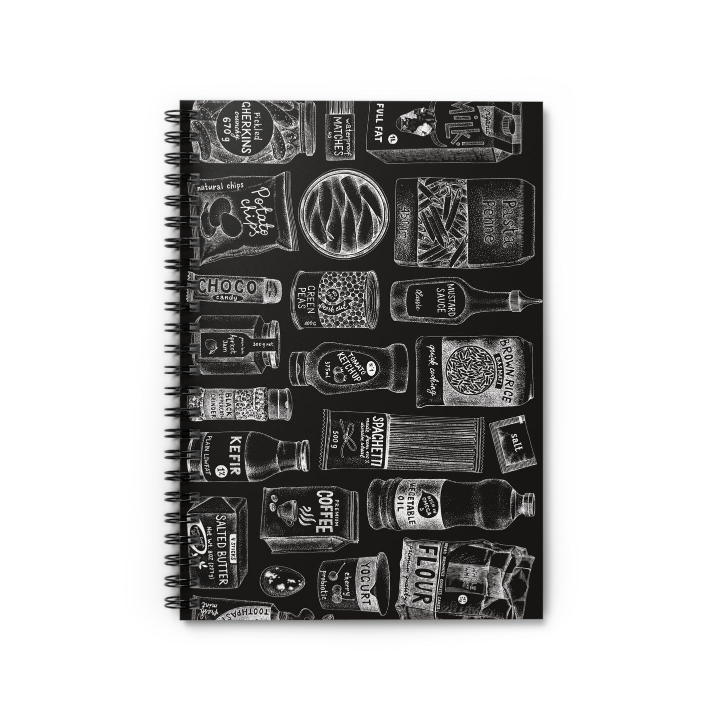 Spiral notebook with chalkboard menu design and ruled lines