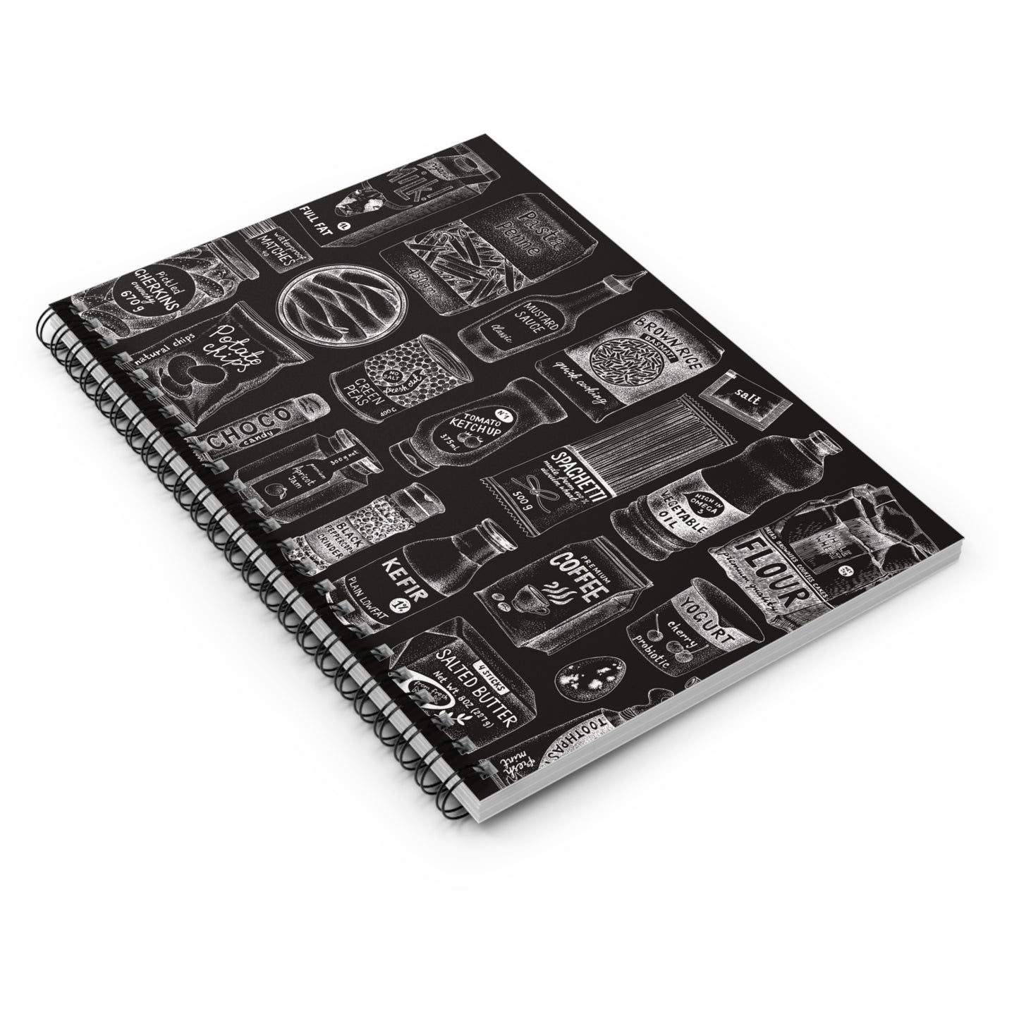 Close up of Spiral notebook with chalkboard menu design and ruled lines