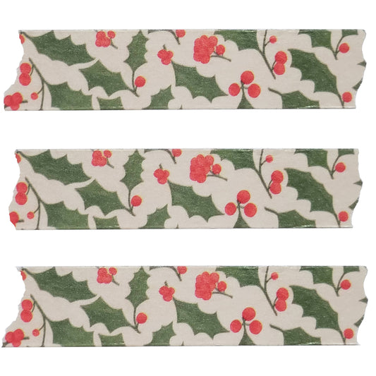 Three strips of decorative paper with a holly pattern on a white background