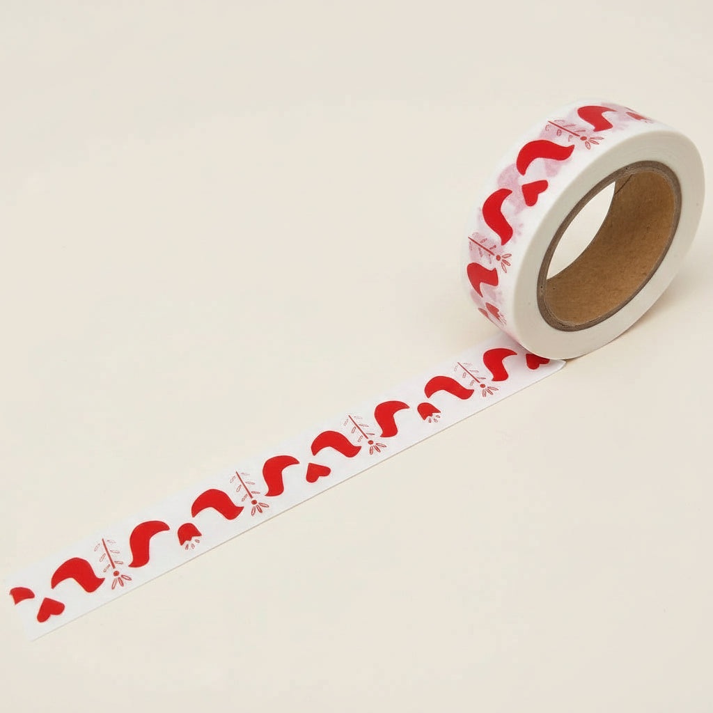Roll of decorative Red Folk Bird Washi Tape with red pattern of birds and folk art flowers on a white background