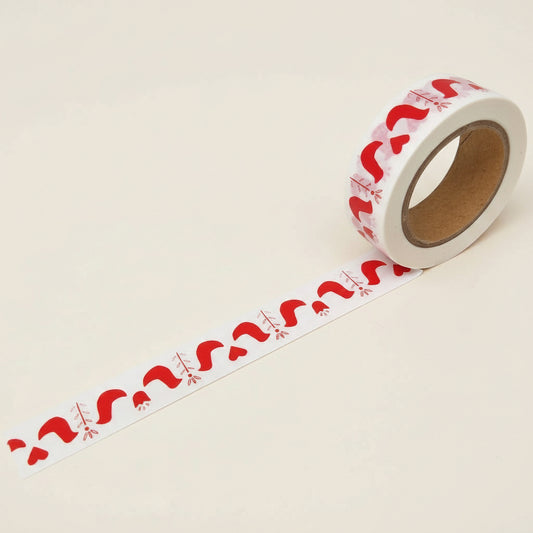 Roll of decorative Red Folk Bird Washi Tape with red pattern of birds and folk art flowers on a white background