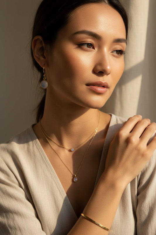 Elegant moonstone earrings with teardrop shape on brass hooks being worn with other jewelry on a neutral background