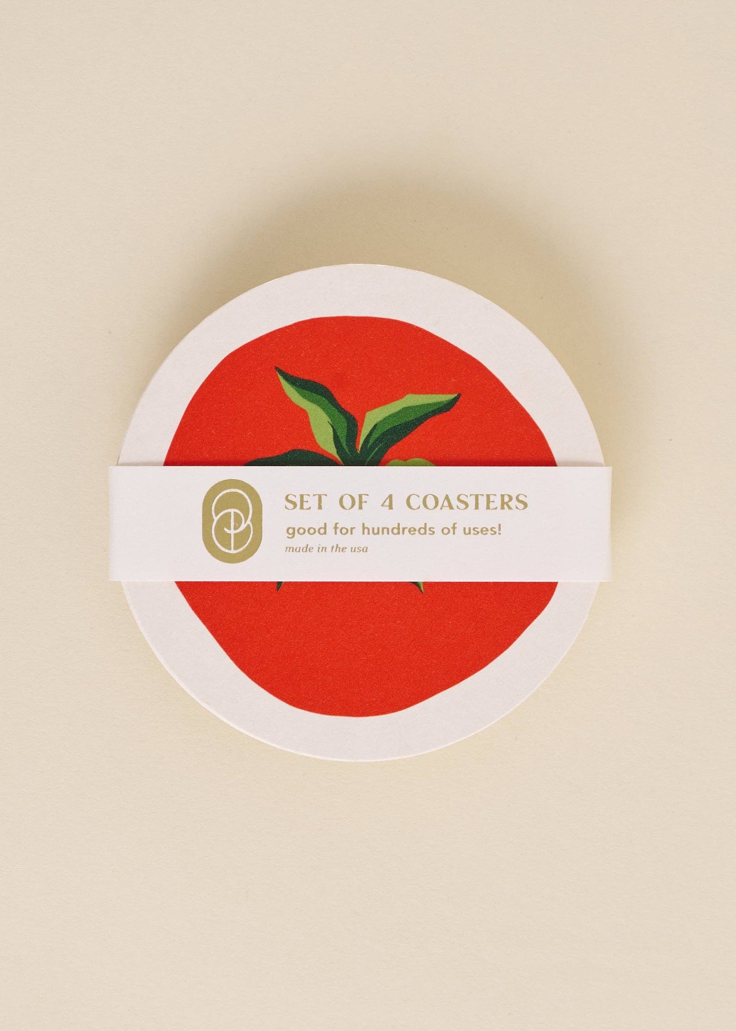 Close up of 4 tomato coasters wrapped together.