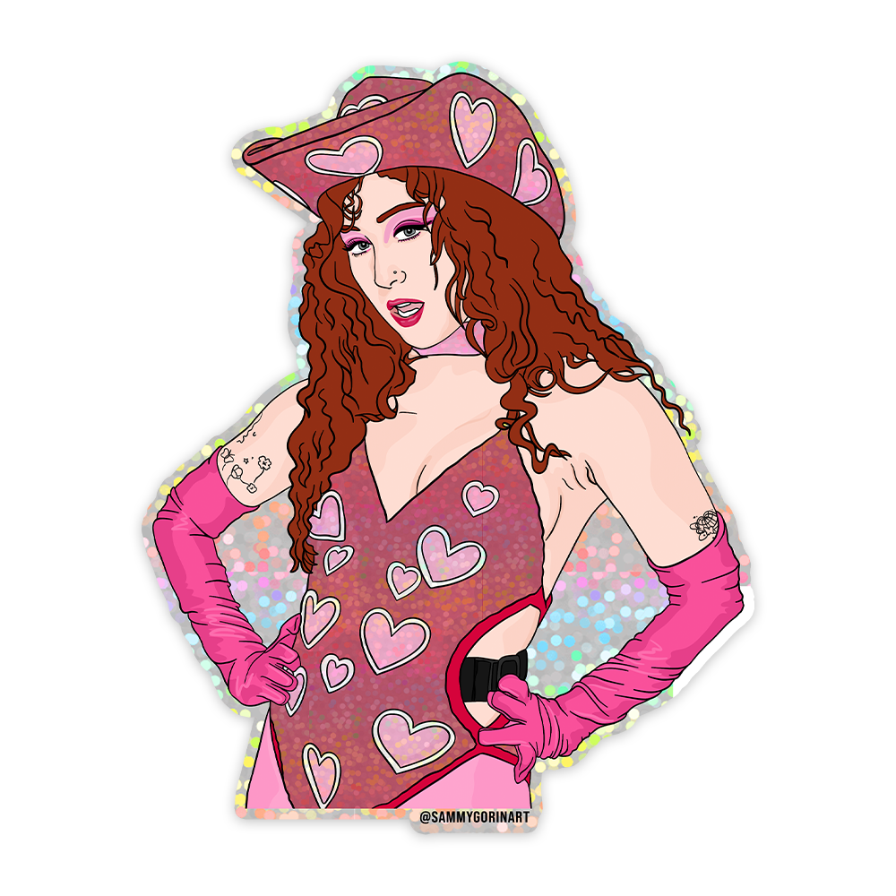 Glitter sticker inspired by Chappell Roan's bold style and energy