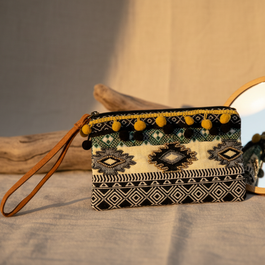 Patterned wristlet with black and yellow details showcased on a light textured background and natural elements