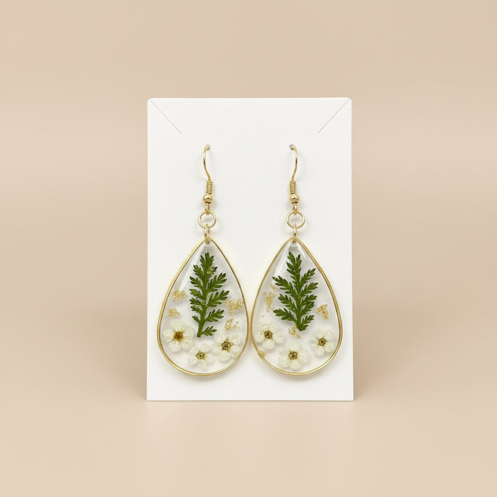 Teardrop-shaped earrings with floral and leaf designs on a paper earring back.