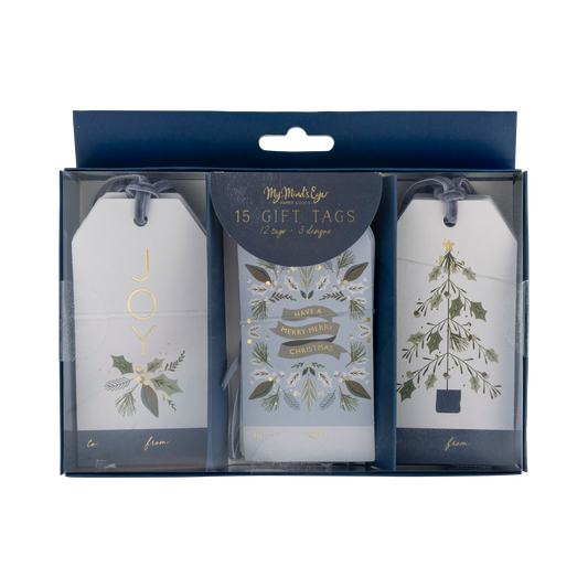 Flat lay of 15 gift tags with twine, ready for wrapping