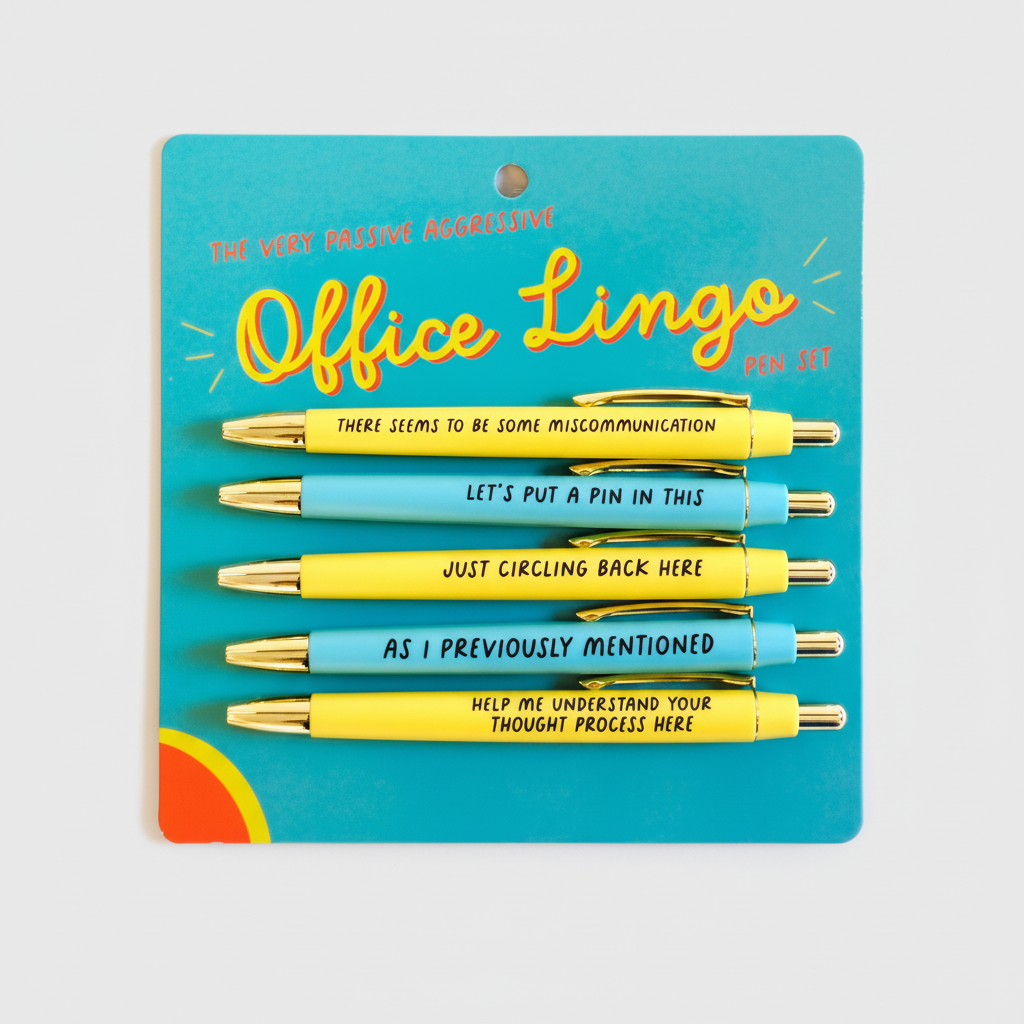 Set of pens with humorous office lingo on a blue card