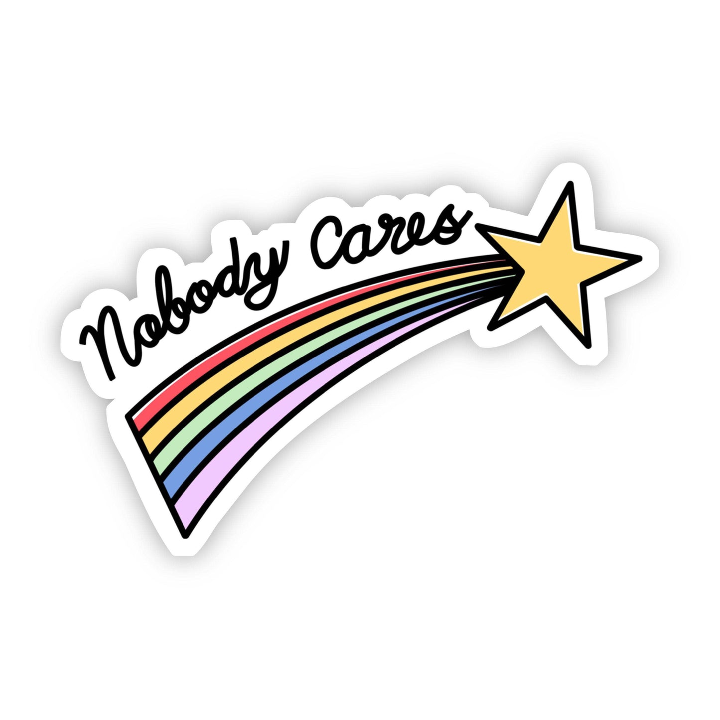 A sticker with a multicolored rainbow tail and a yellow shooting star, with the text 'Nobody Cares' written on it.