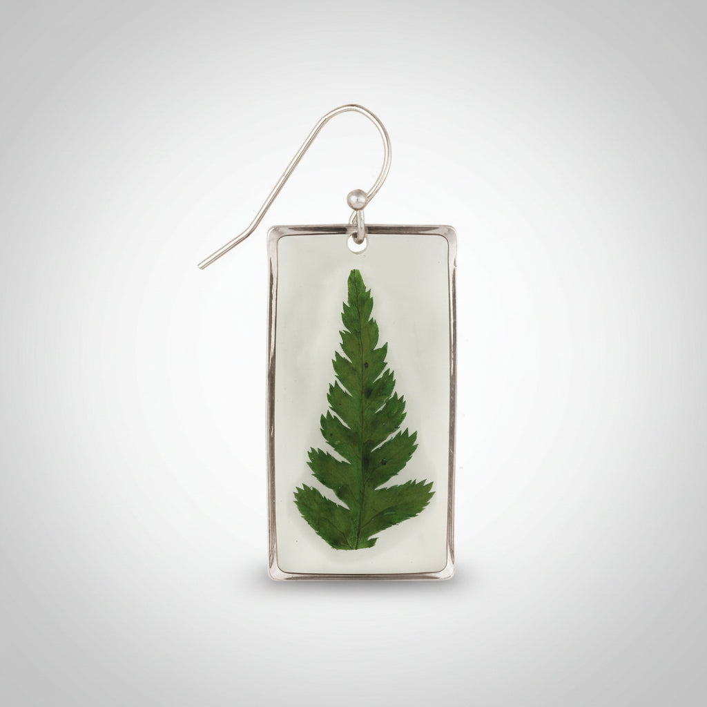 Earring with a pressed green leaf in a silver frame on a white background