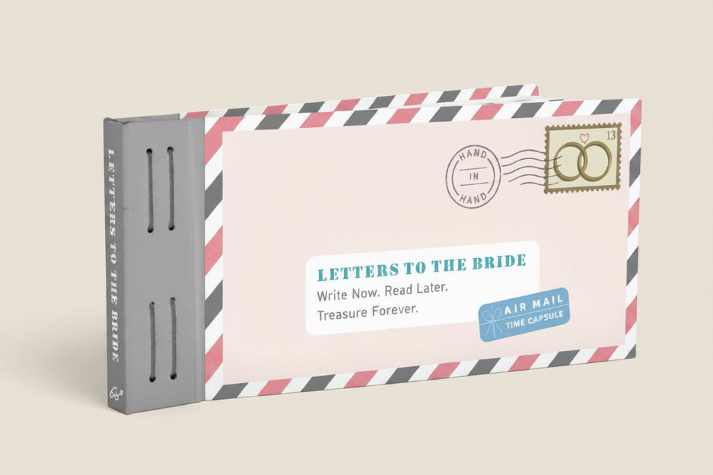 Book titled 'Letters to the Bride' with a pink envelope design on the cover.