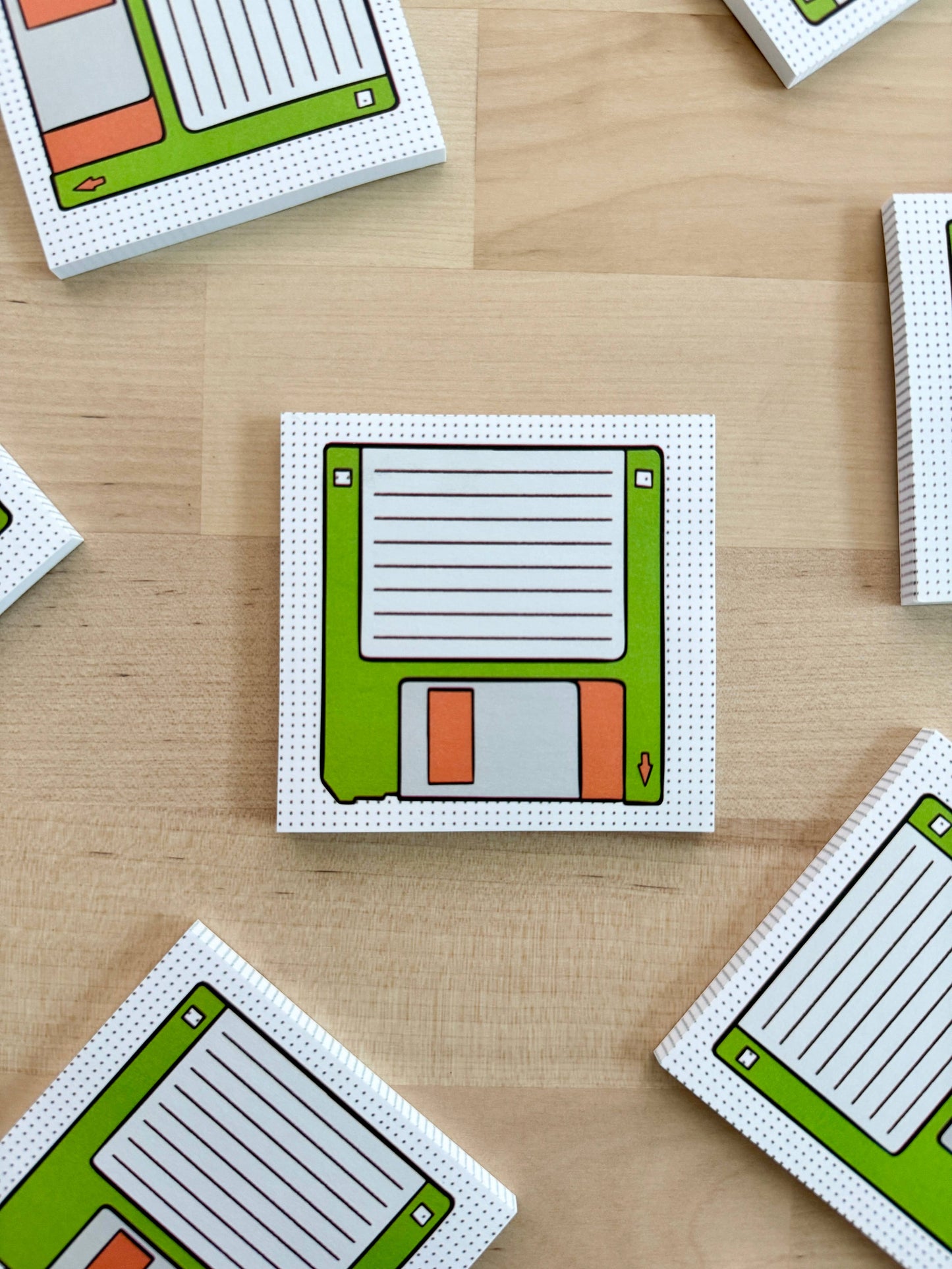 Close up of the Floppy disk retro sticky notes for vintage office lovers