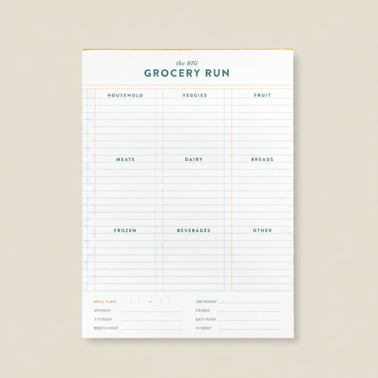 Grocery list template with categories and a week plan at the bottom.