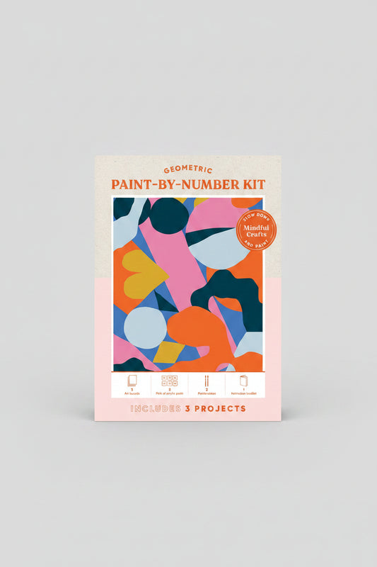 Geometric paint-by-number kit cover with abstract shapes and product details.