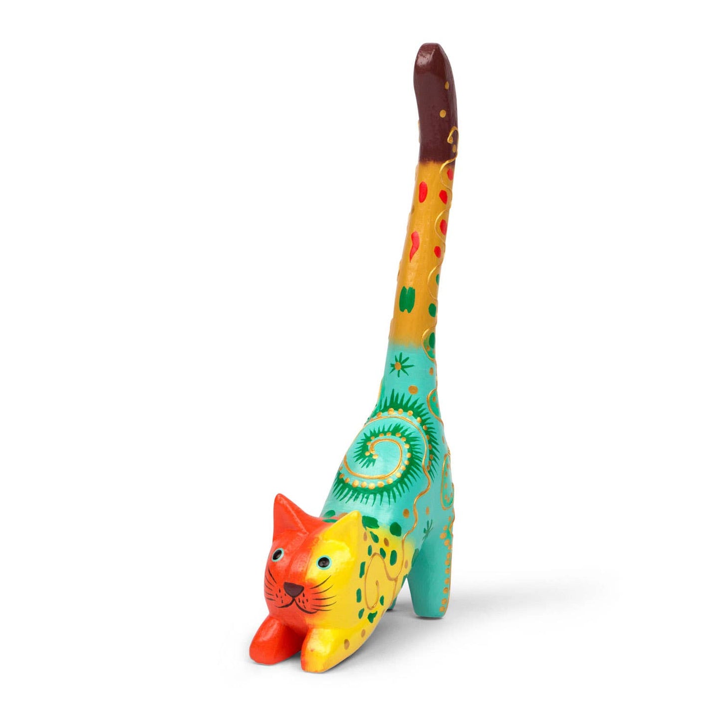 Close-up of carved albesia wood cat with colorful painted details and upright tail