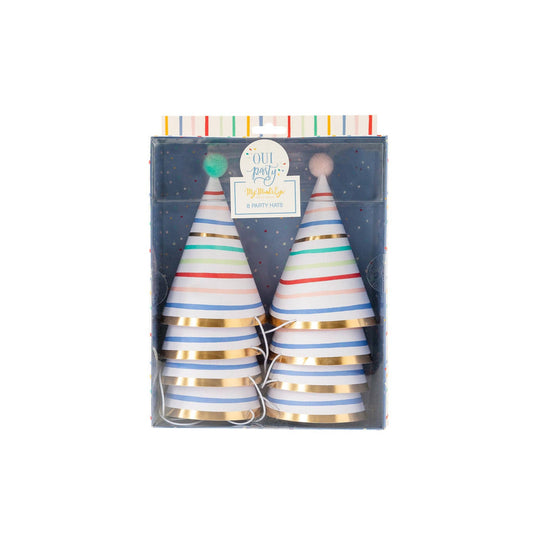 A set of 8 colorful paper birthday party hats with gold foil accents, displayed in packaging with a striped pattern and the brand 'My Mind's Eye' visible.