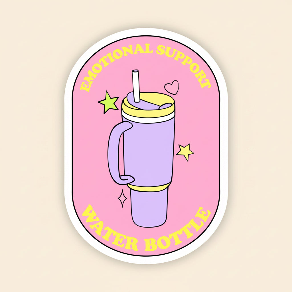 Sticker with a purple water bottle illustration on a pink background with text that say. 'Emotional Support Water Bottles'