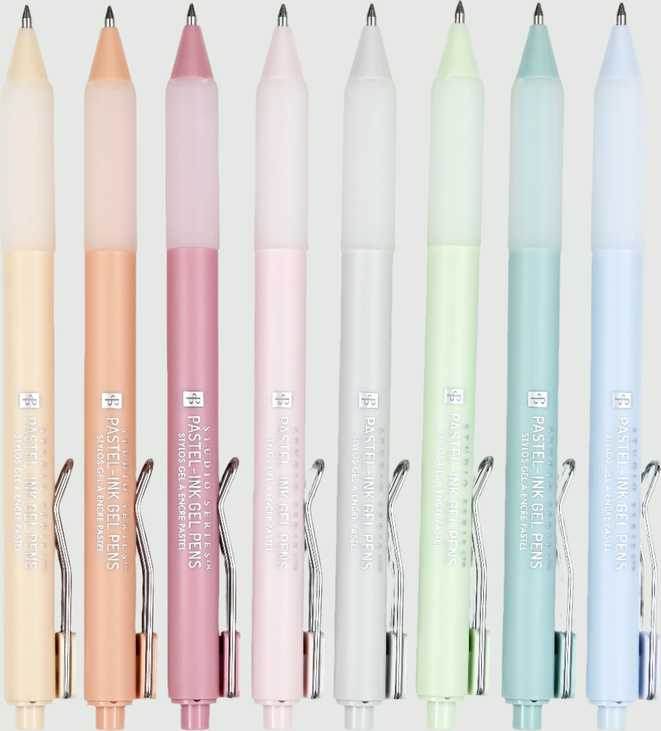 Set of 8 pastel gel pens in a reusable case with visible soft-hued barrels