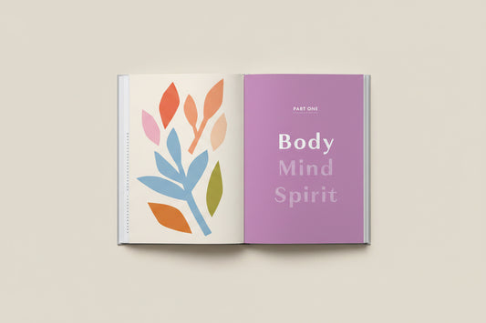 Book pages with colorful leaf illustrations and 'Body Mind Spirit' text on a purple background