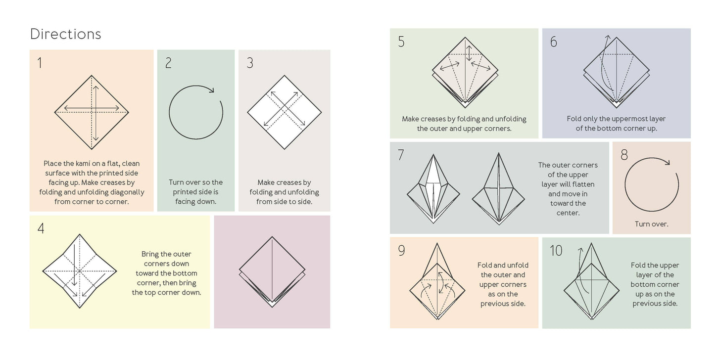 Step-by-step folding instructions for a diamond-shaped object on a colorful background