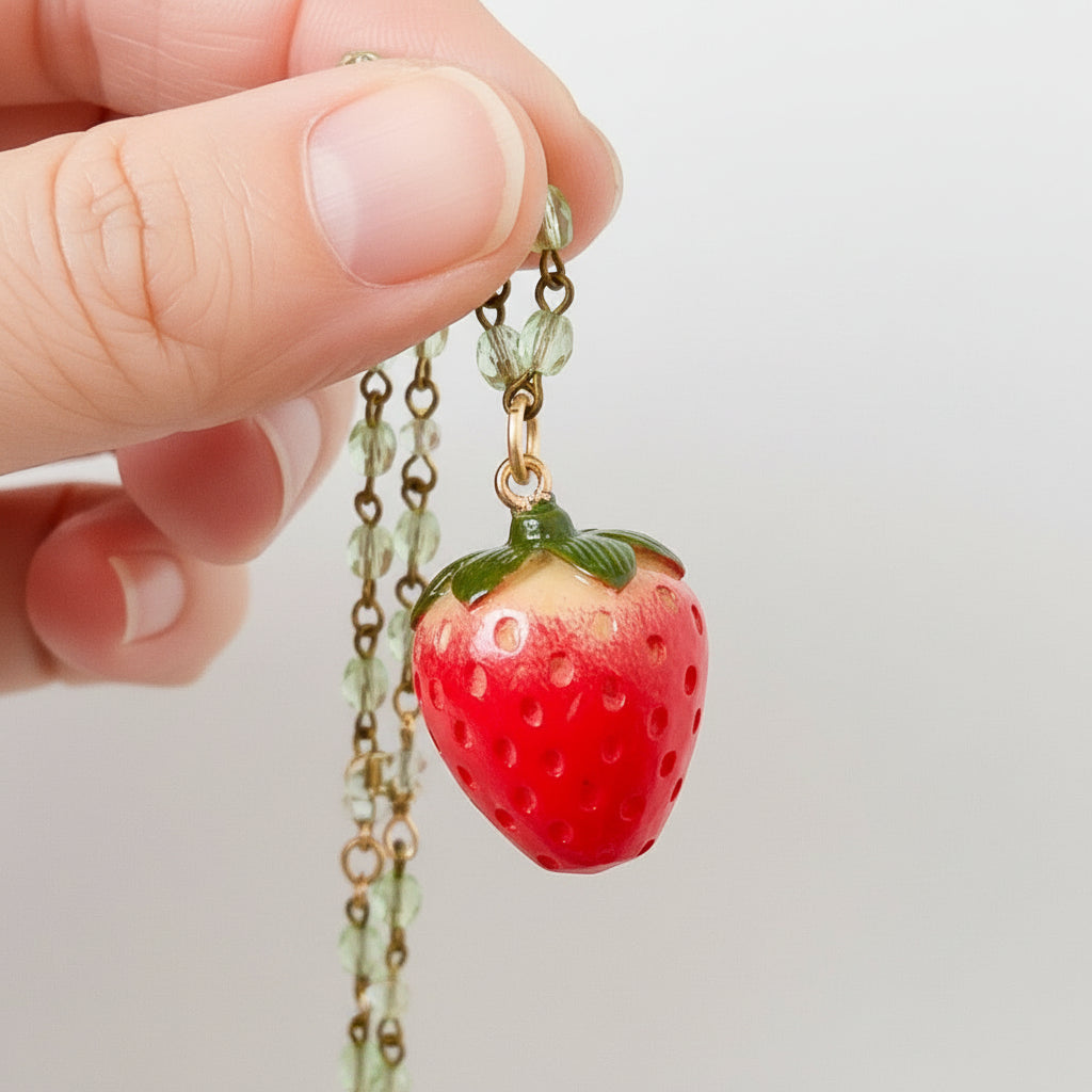 Close up view of the strawberry necklace held in hand
