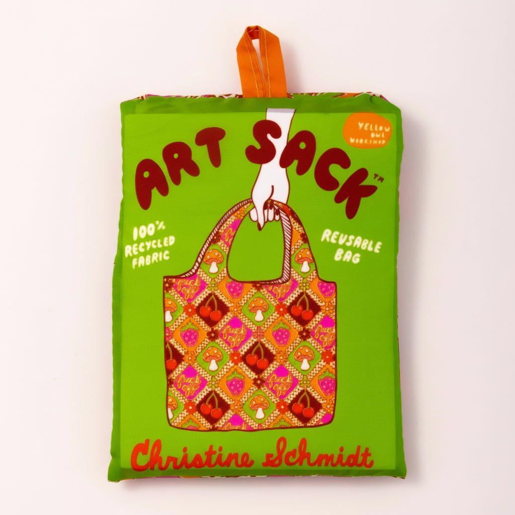 Compact F* Off Retro Art Sack® folded into a 4.5 x 5.75-inch pouch, easy to carry and store when not in use.