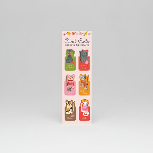 Full set of six cat-themed magnetic bookmarks on illustrated backing card