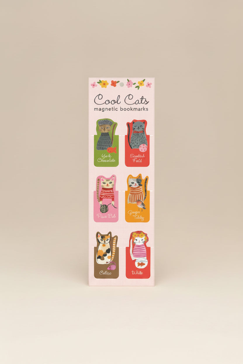 Full set of six cat-themed magnetic bookmarks on illustrated backing card