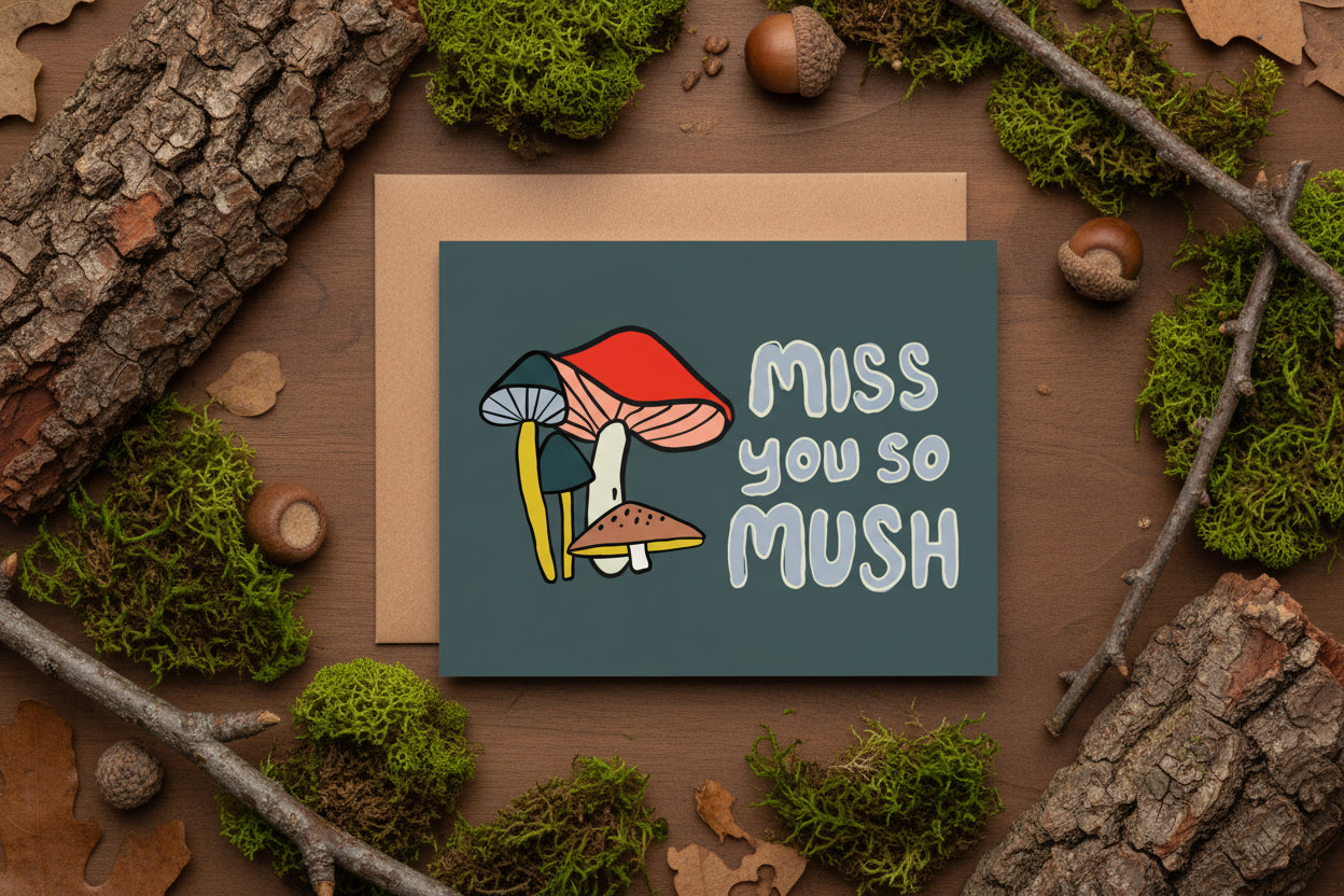 Greeting card with mushrooms illustration and 'Miss you so mush' text on a wooden surface with flowers and fabric.