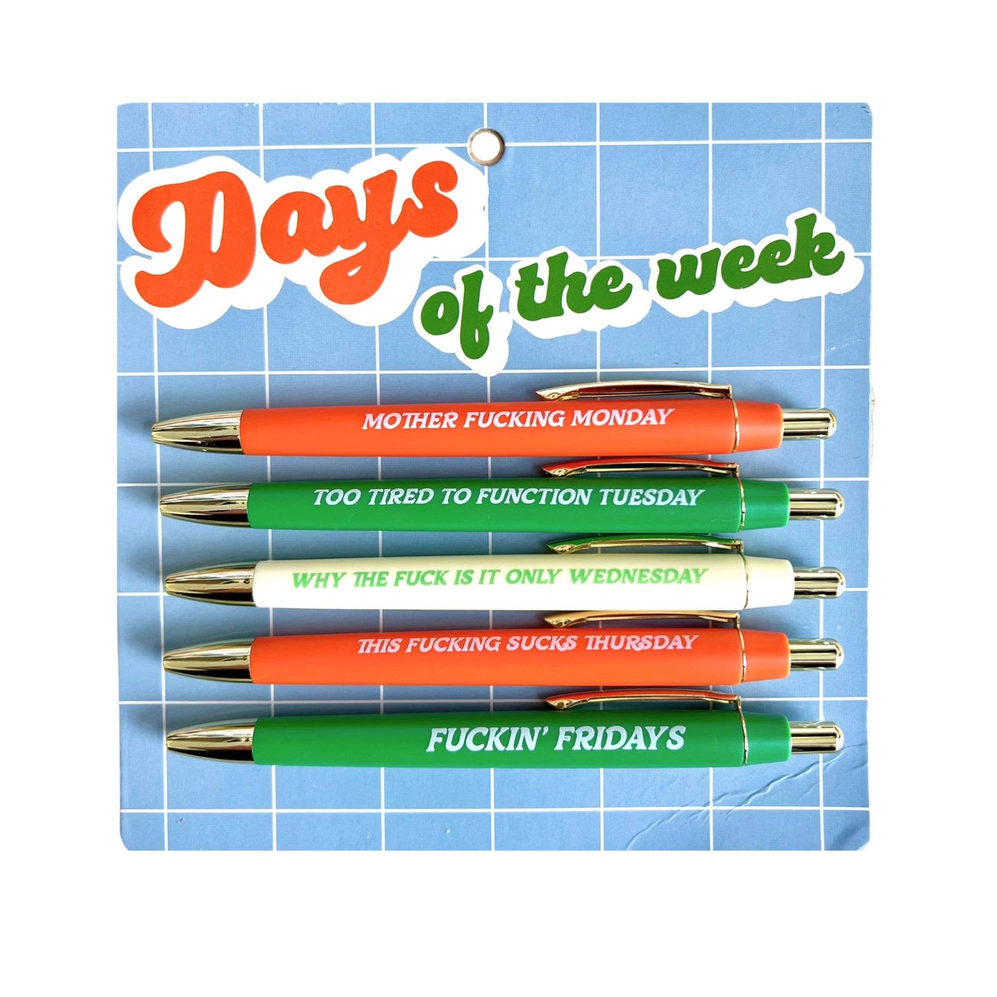 Set of 5 black ink ballpoint pens with funny adulting phrases