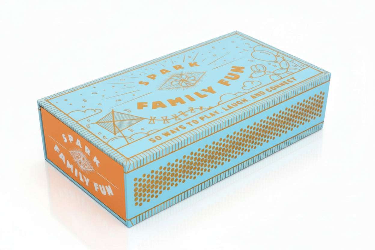 Box with 'Family Fun' text and decorative elements on a light blue and orange background