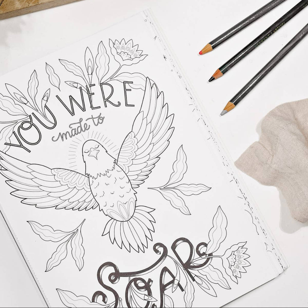 "You are made to Soar" prompt on the coloring book page with a bird.