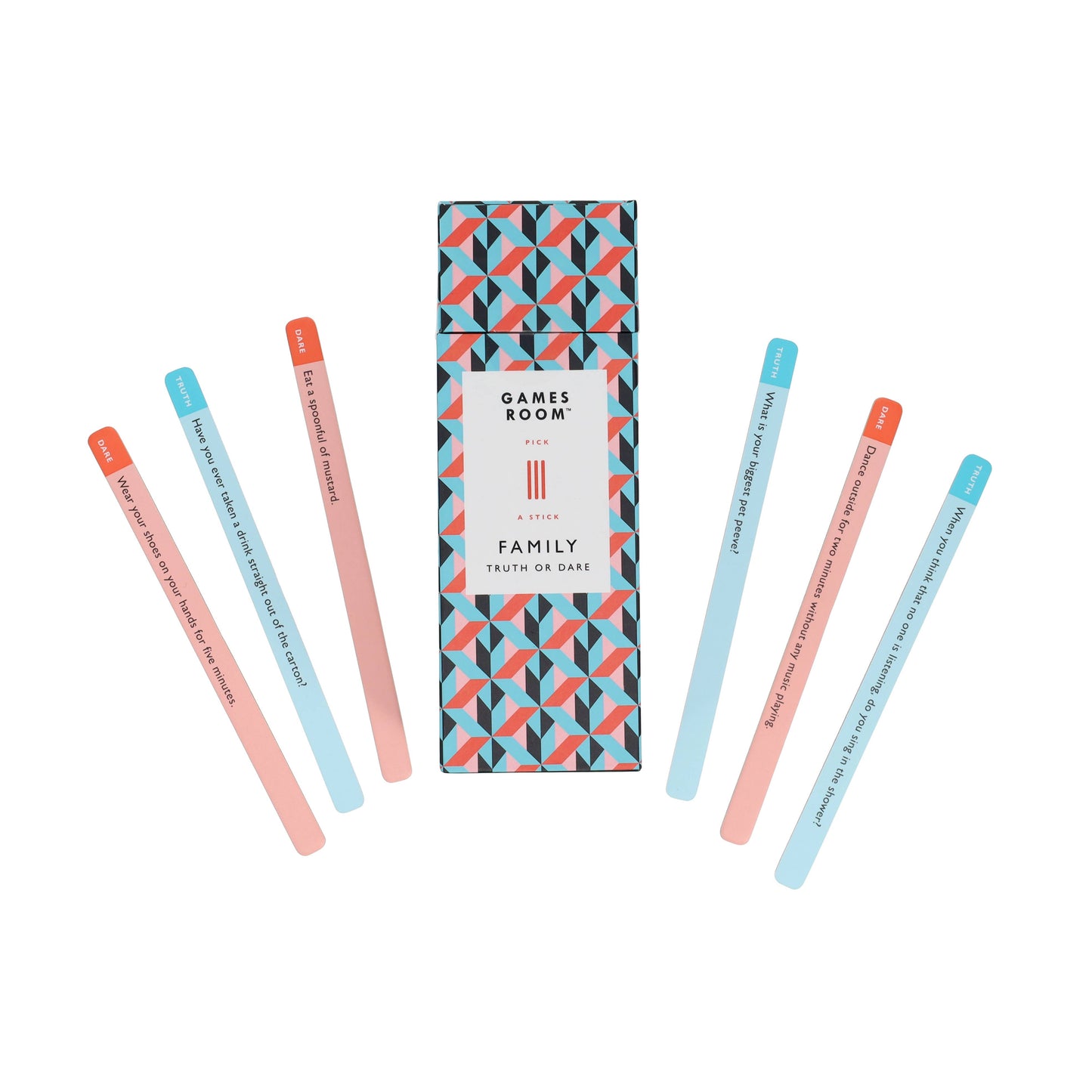 A few double-sided prompt sticks displayed outside the box with playful questions visible