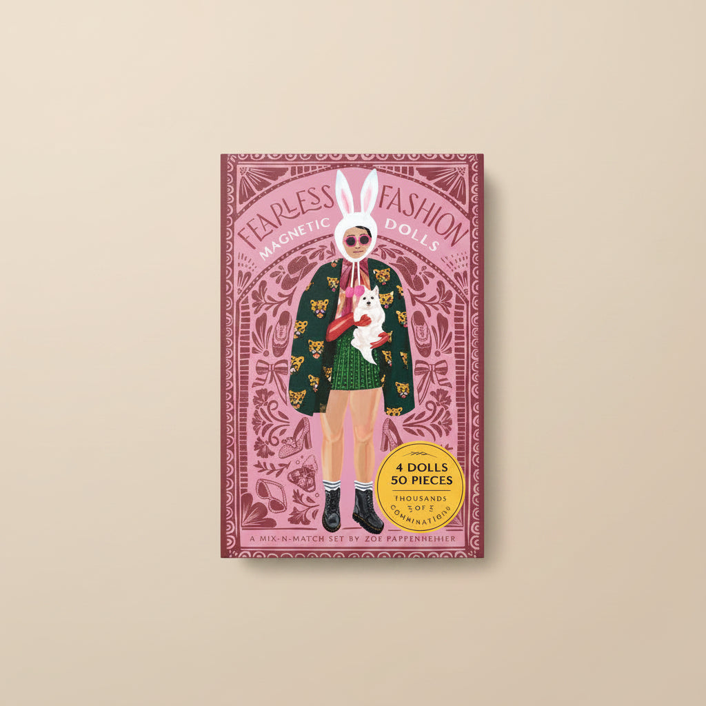 Book cover of 'Fearless Fashion Magnetic Dolls' with a person wearing a bunny head and holding a dog.