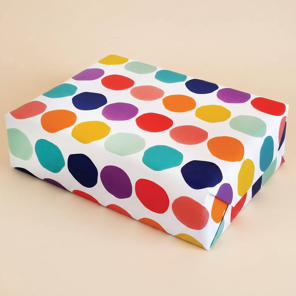 Vintage Rainbow Dot Gift Wrap Sheets used on a gift with a white background
