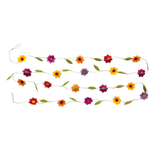 Colorful silk paper flower garland with purple, yellow, maroon, and red blooms on natural twine