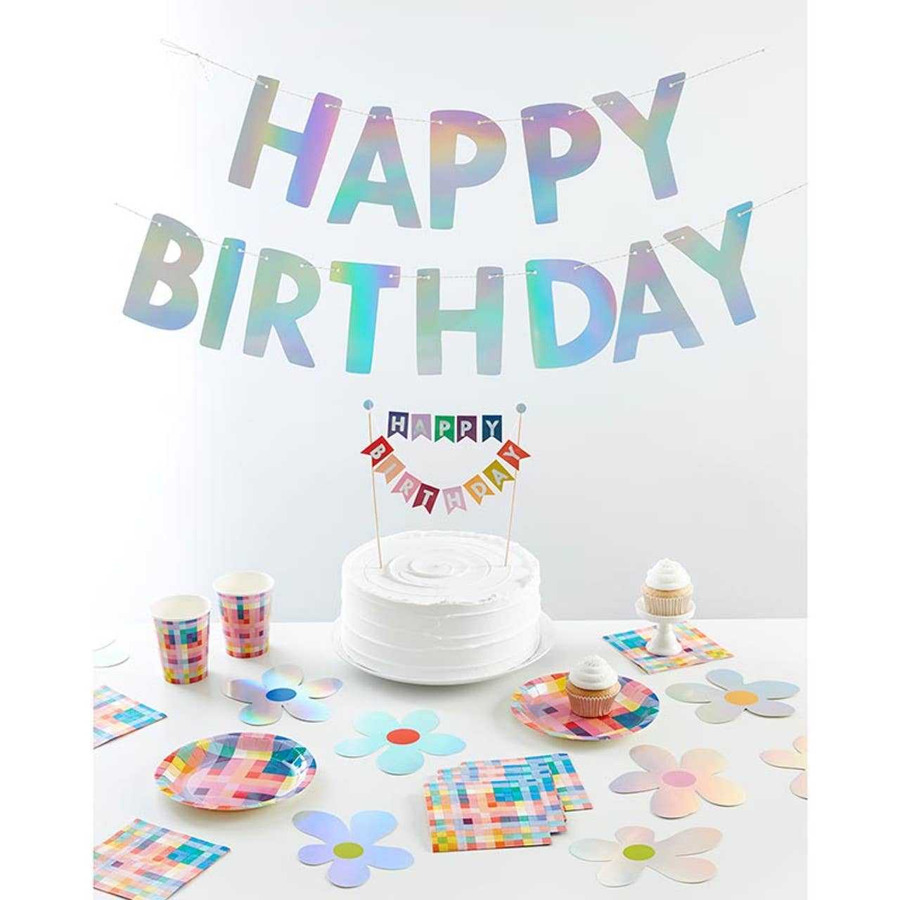 Colorful Pixel Birthday Party in a Box Displayed on Table