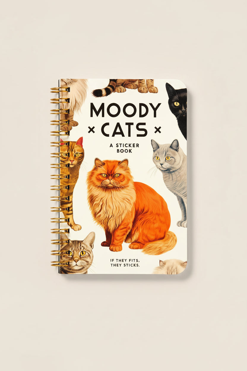 Sticker book cover with cats and 'Moody Cats' text on a white background