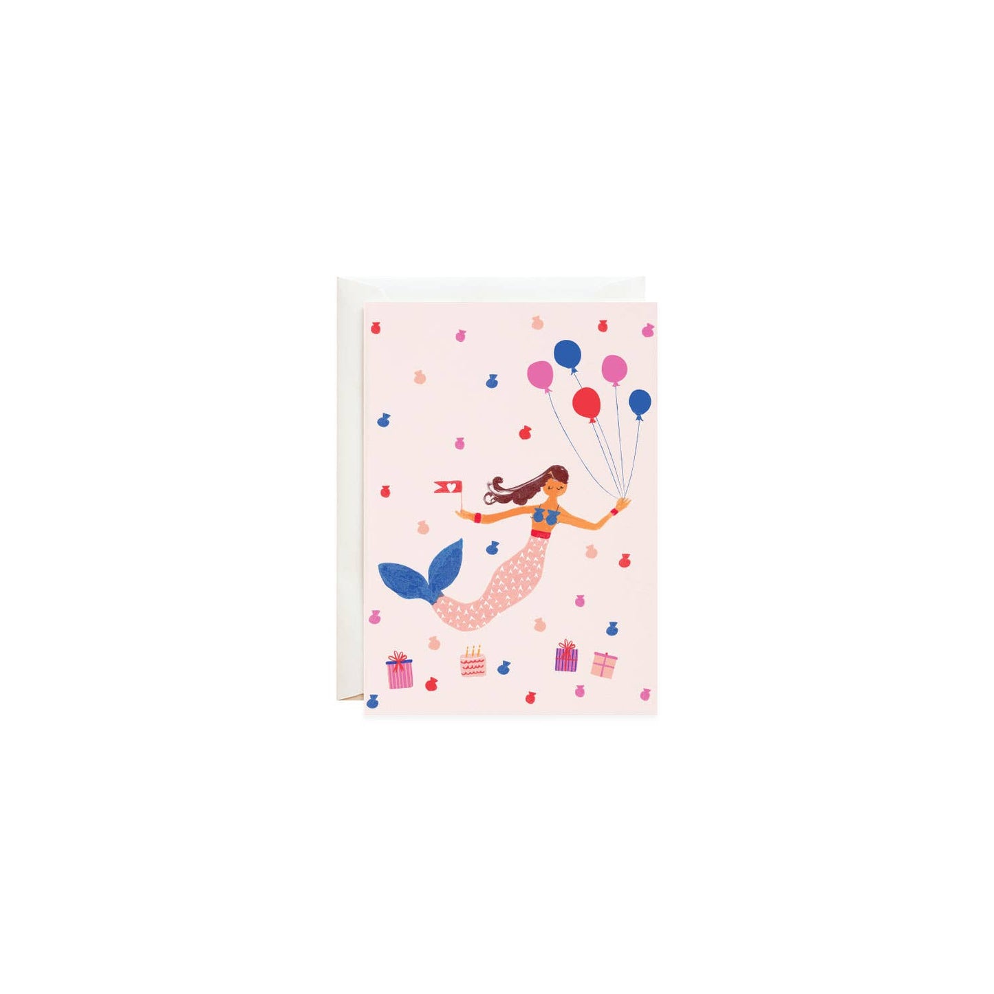Petite pink card featuring a whimsical mermaid holding balloons