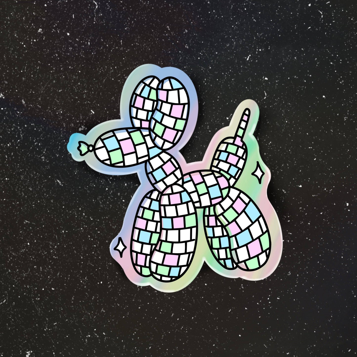 Holographic Disco Ball Balloon Dog sticker on laptop, water bottle, and phone case