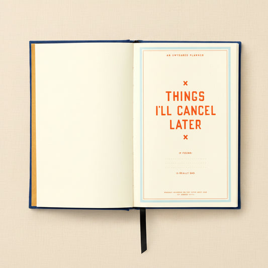 Open planner showing the front page of Things I'll Cancel Later
