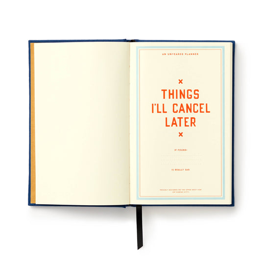 Open planner showing the front page of Things I'll Cancel Later