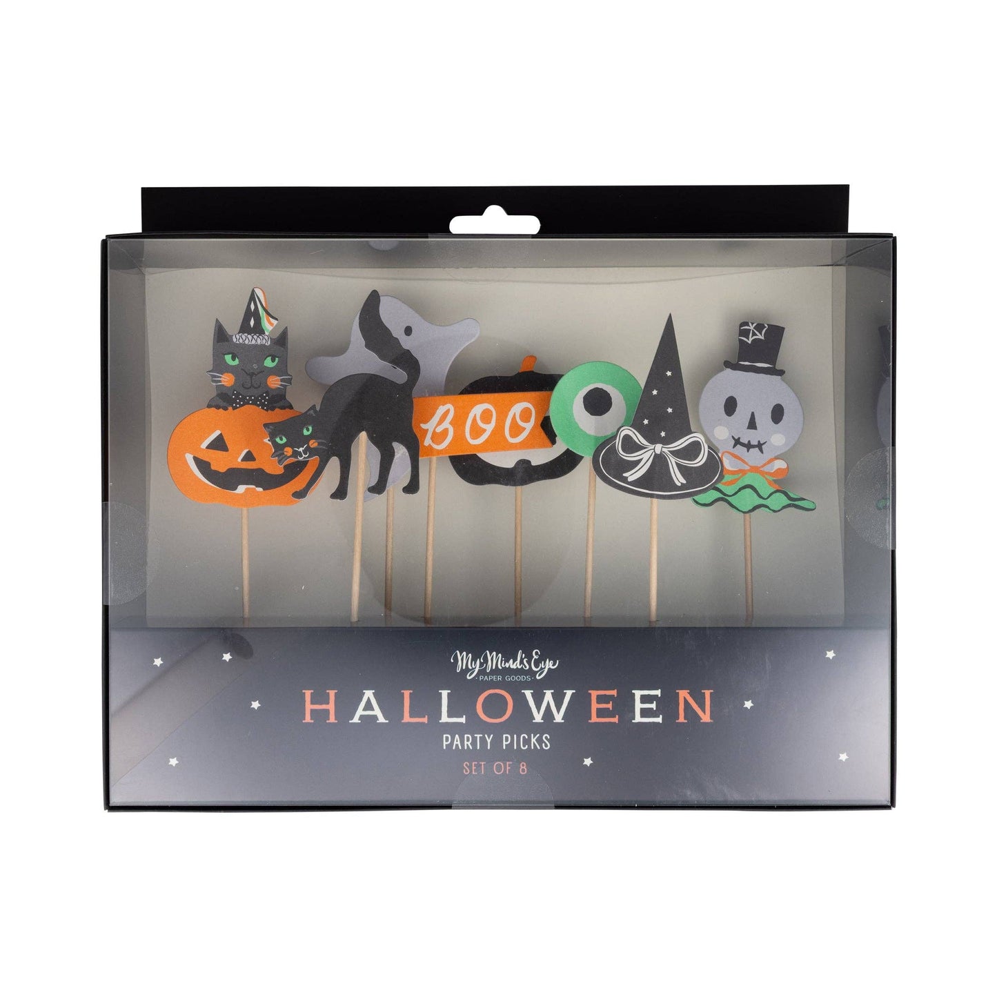 Halloween-themed party picks set in packaging with 'My Mind's Eye' branding.